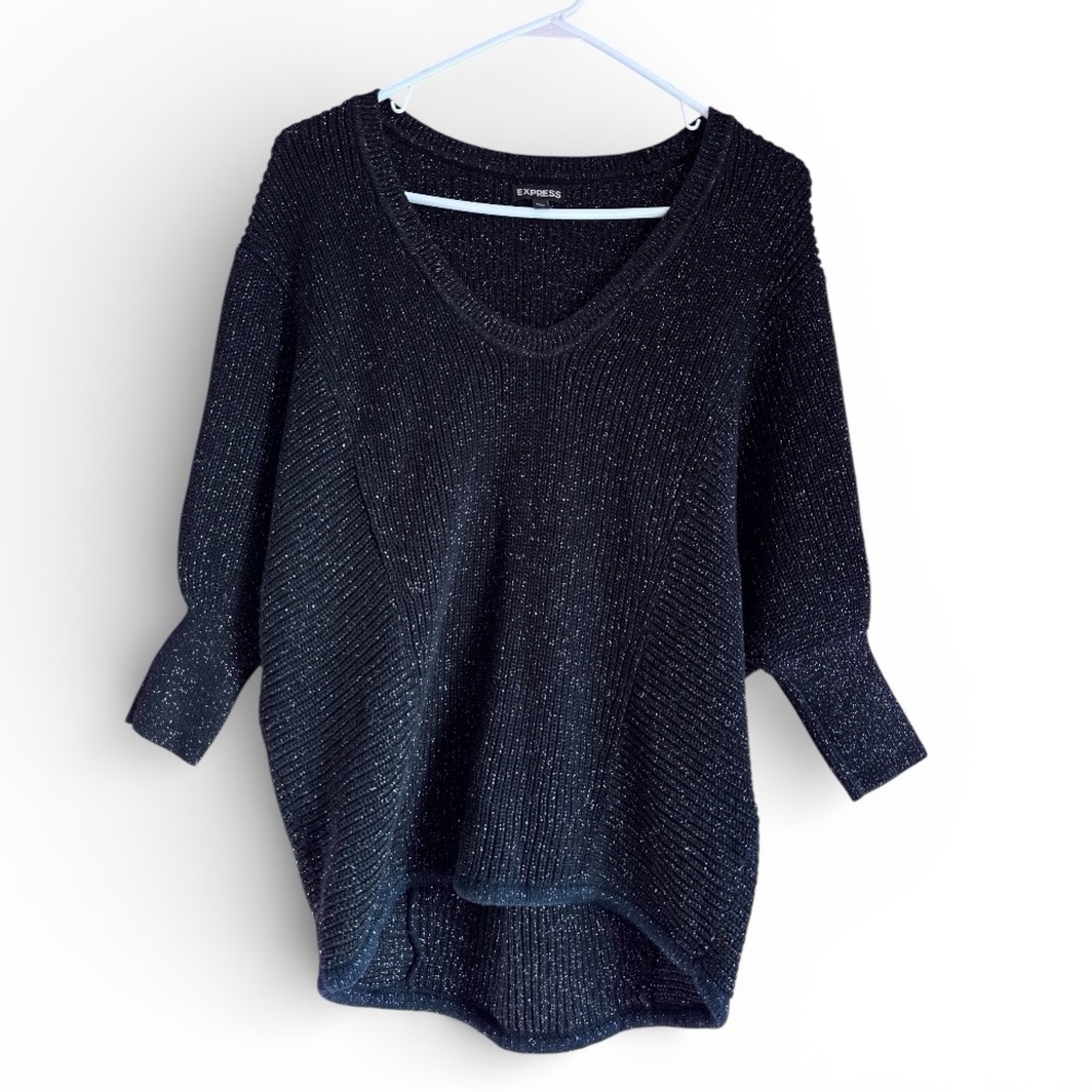 Express Sweater Women Black Cotton V-Neck Knit Top Glitter Sparkle Size Small
